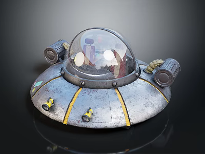 Vintage Flying Saucer Model With Transparent Dome Metal Surface Yellow Stripes And Side Engines 3d model