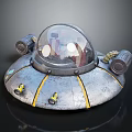 Vintage Flying Saucer Model With Transparent Dome Metal Surface Yellow Stripes And Side Engines