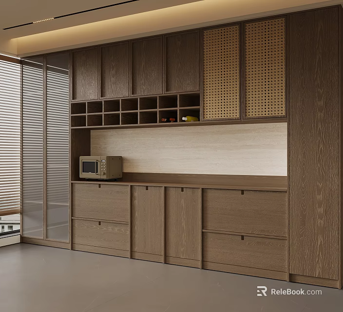 Modern Wine Cabinet In Open Kitchen Interior With Wooden Shelves And Brown Design 3d model 