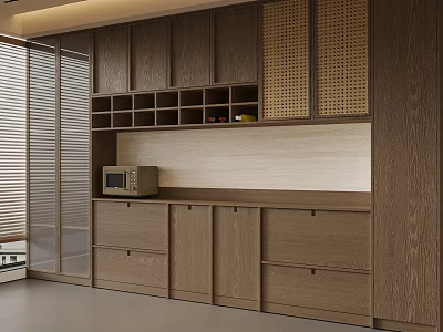 Modern Wine Cabinet In Open Kitchen Interior With Wooden Shelves And Brown Design 3d model