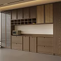 Modern Wine Cabinet In Open Kitchen Interior With Wooden Shelves And Brown Design