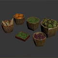 Fresh Vegetables and Fruits in Woven Baskets Displayed on Dark Background