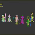 Fantasy Characters And Mythical Beings With Halos Holding Staves On Dark Background Reflections