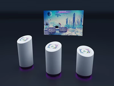 Three White Cylindrical Devices With Futuristic City Scene On Digital Screen 3d model