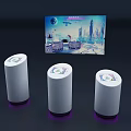 Three White Cylindrical Devices With Futuristic City Scene On Digital Screen