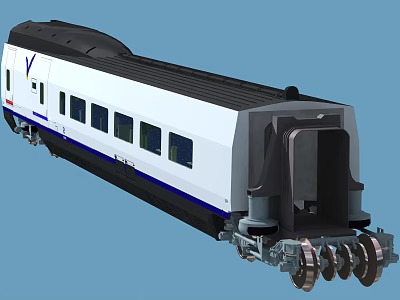 White Train Carriage With Blue Stripe Black Roof And Metal Wheels 3d model