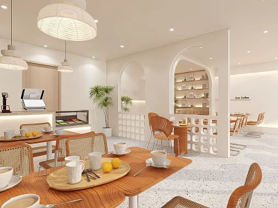 Modern Light Luxury Dessert Shop Interior Featuring Wooden Tables Lemons Cups And Arched Doorways 3d model