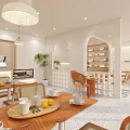 Modern Light Luxury Dessert Shop Interior Featuring Wooden Tables Lemons Cups And Arched Doorways