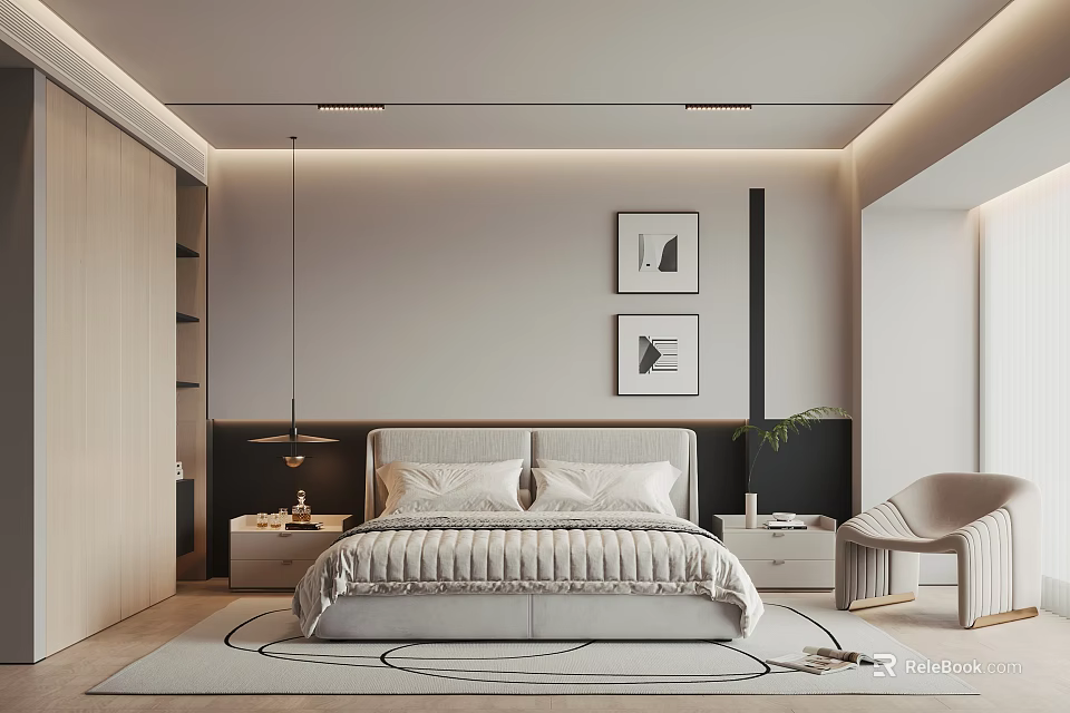Elegant Modern Bedroom Interior With Comfortable Bed Wall Art Accent Chair And Area Rug 3d model 