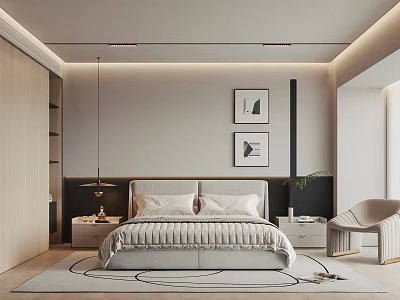 Elegant Modern Bedroom Interior With Comfortable Bed Wall Art Accent Chair And Area Rug 3d model