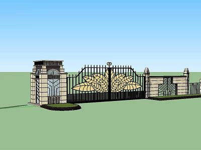 Elegant Wrought Iron Entrance Gate Featuring Golden Floral Patterns And Stone Pillars 3d model
