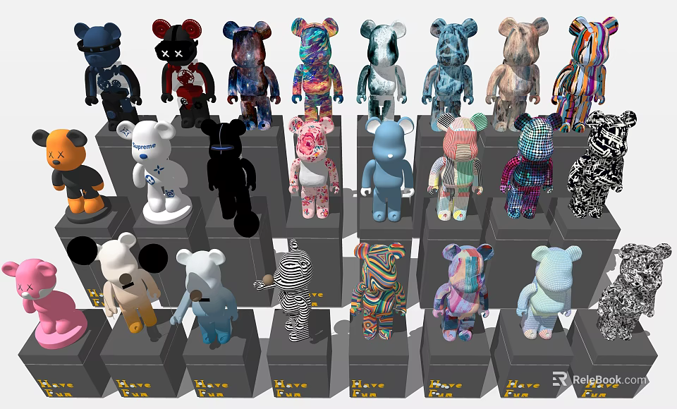 Colorful Artistic Sculpture Carving With Various Designs On Display Bases 3d model 