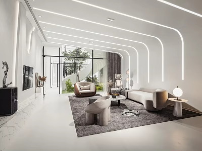 Sleek Bright Modern Living Room With Curved LED Lights Soft Sofas And Large Glass Window 3d model