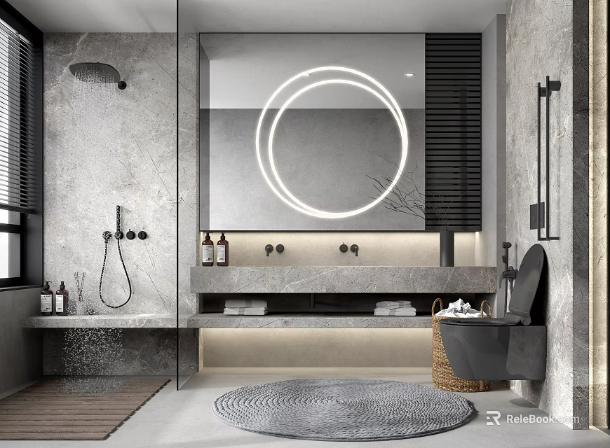 Modern Bathroom Interior With Round Mirror Shower Area Marble Walls Vanity And Rug 3d model 