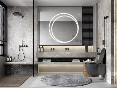 Modern Bathroom Interior With Round Mirror Shower Area Marble Walls Vanity And Rug 3d model