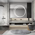 Modern Bathroom Interior With Round Mirror Shower Area Marble Walls Vanity And Rug