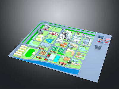 Detailed 3D Landscape Layout With Green Areas Buildings And Water Features 3d model