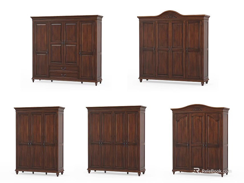 Classic Wooden Wardrobes With Different Designs Drawer Storage And Decorative Tops 3d model 