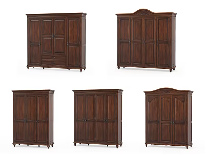 Classic Wooden Wardrobes With Different Designs Drawer Storage And Decorative Tops 3d model