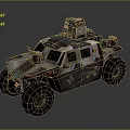 Armored Military Vehicle With Large Off Road Tires And Roof Mounted Equipment