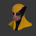 Yellow and Black Superhero Mask Head Sculpture with Detailed Facial Features on Dark Reflective Background