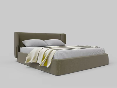 Olive Green Double Bed With Upholstered Headboard Two Pillows Yellow Blanket And Light Colored Sheets 3d model