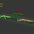 Different Weapons Display On Stand With Three Guns Bullets And Orange Component