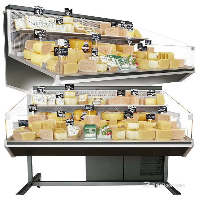 Transparent Display Shelves With Multiple Layers Of Cheese And Price Labels 3d model 