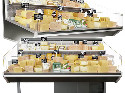 Transparent Display Shelves With Multiple Layers Of Cheese And Price Labels 3d model