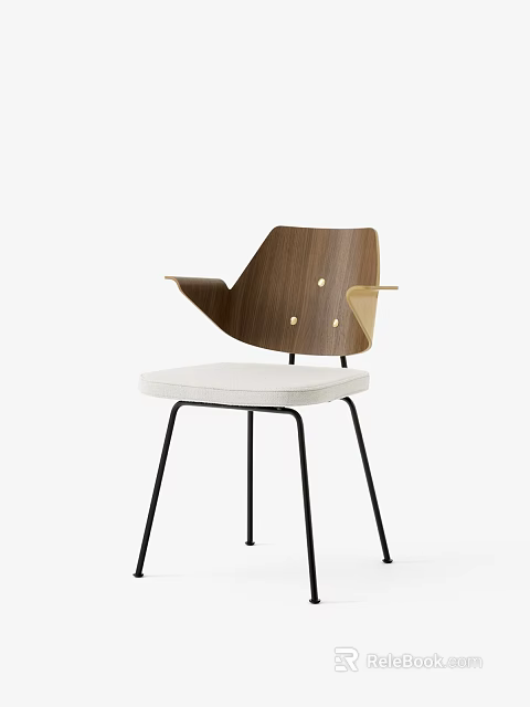 Sleek Modern Armchair With Wooden Backrest White Cushion And Black Metal Legs 3d model 