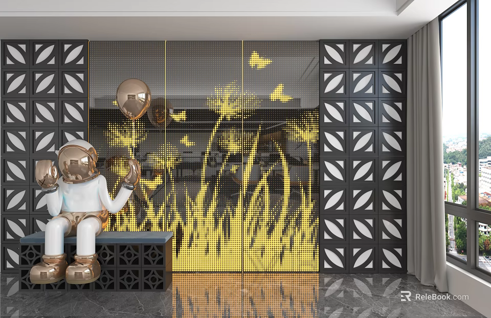 Decorative Background Wall With Golden Grass Butterflies And Black White Geometric Patterns 3d model 