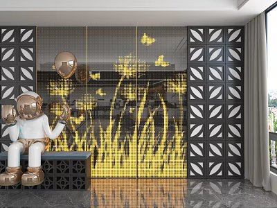 Decorative Background Wall With Golden Grass Butterflies And Black White Geometric Patterns 3d model