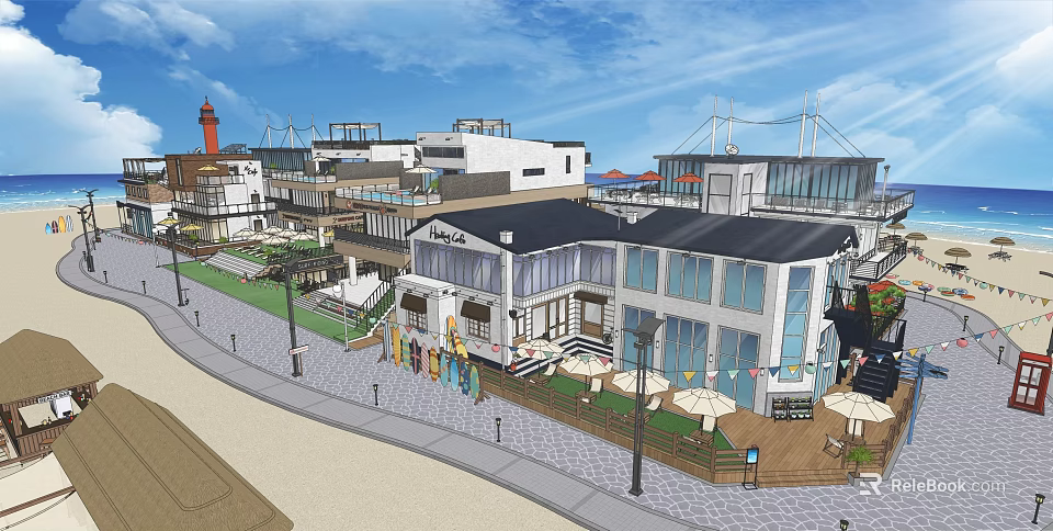 Coastal Architectural Area With Lighthouse Modern White Buildings And Outdoor Sun Umbrellas 3d model 