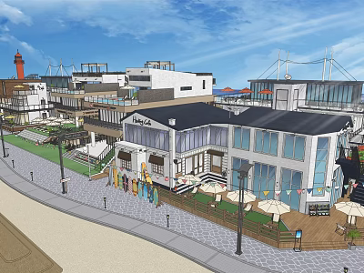 Coastal Architectural Area With Lighthouse Modern White Buildings And Outdoor Sun Umbrellas 3d model