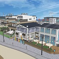 Coastal Architectural Area With Lighthouse Modern White Buildings And Outdoor Sun Umbrellas