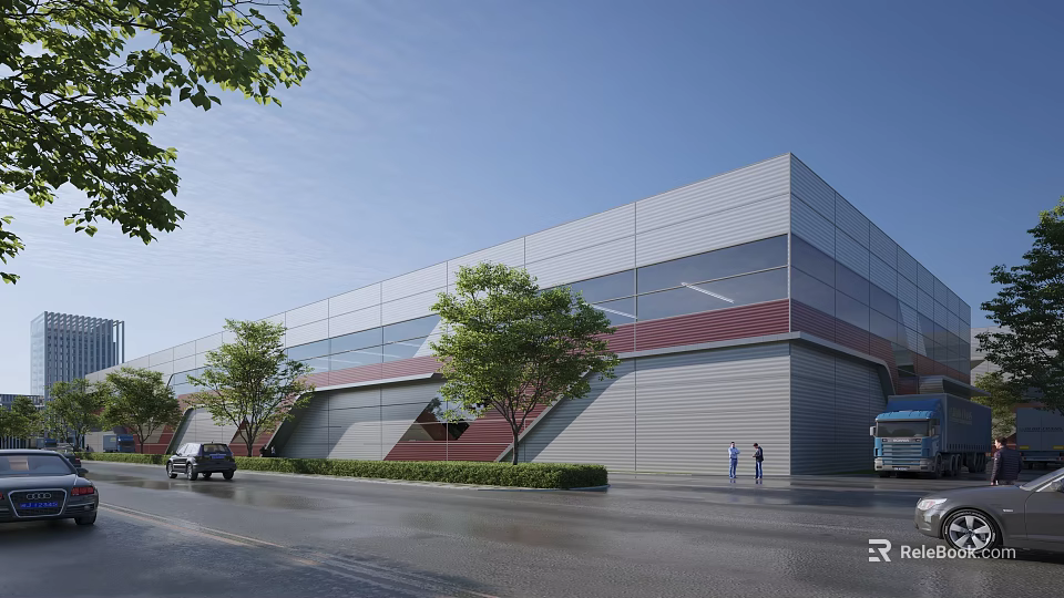 Modern Industrial Warehouse Exterior Design With Glass Metal Facade And Landscaping Trees 3d model 