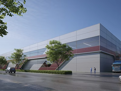 Modern Industrial Warehouse Exterior Design With Glass Metal Facade And Landscaping Trees 3d model
