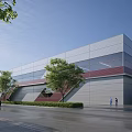Modern Industrial Warehouse Exterior Design With Glass Metal Facade And Landscaping Trees