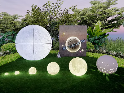 New Moon Series Outdoor Lights With Moon Shaped Spherical Designs In Garden Green Plants 3d model