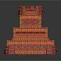 Scenic Vibrant Red Yellow Tiered Brick Tower with Decorative Patterns and Base Reflection