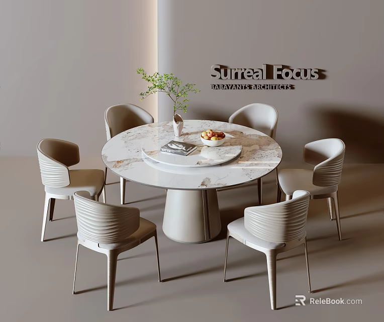 Modern Round Dining Table Set With Marble Top Six Minimalist Chairs And Decorative Fruit Vase 3d model 