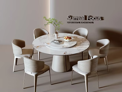 Modern Round Dining Table Set With Marble Top Six Minimalist Chairs And Decorative Fruit Vase 3d model