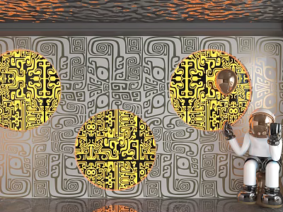 Geometric Patterned Background Wall With Yellow Circular Decorations And Astronaut Figurine 3d model