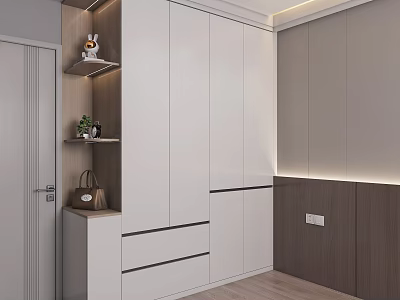 Modern White Wardrobe With Drawers Featuring Open Shelves Decor Items And Plant In Interior Design 3d model