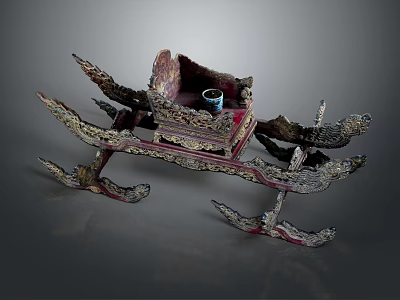 Traditional Ornate Carved Wooden Throne With Red Lacquer Golden Details And Wing Shaped Armrests 3d model