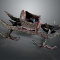 Traditional Ornate Carved Wooden Throne With Red Lacquer Golden Details And Wing Shaped Armrests