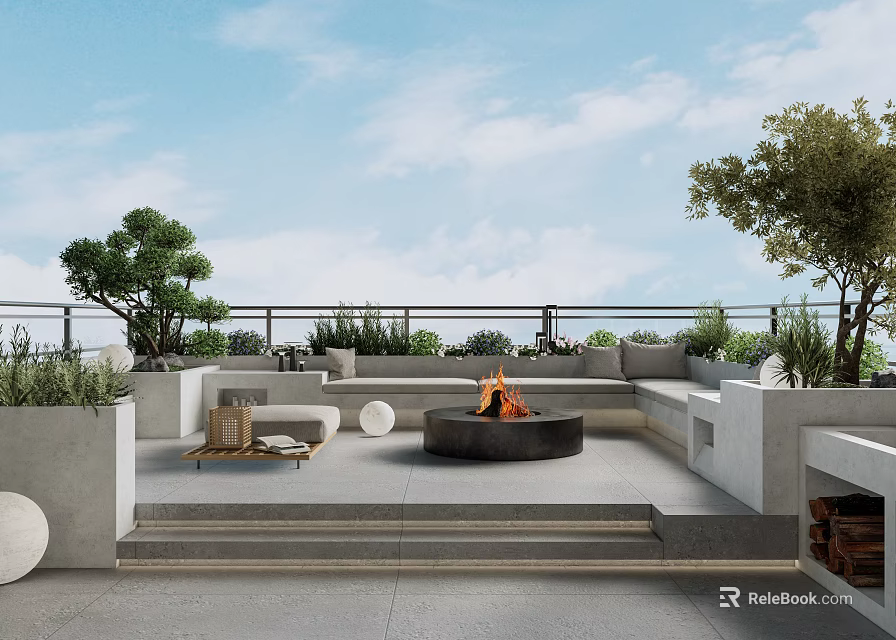 Roof Garden With Outdoor Seating Fire Pit Lush Plants And Scenic View 3d model 