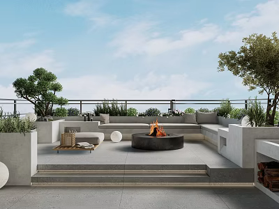 Roof Garden With Outdoor Seating Fire Pit Lush Plants And Scenic View 3d model
