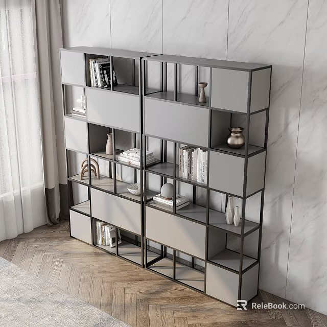 Gray Modern Display Shelf With Metal Frame Multiple Compartments For Books And Decorative Items 3d model 