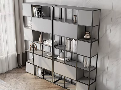 Gray Modern Display Shelf With Metal Frame Multiple Compartments For Books And Decorative Items 3d model